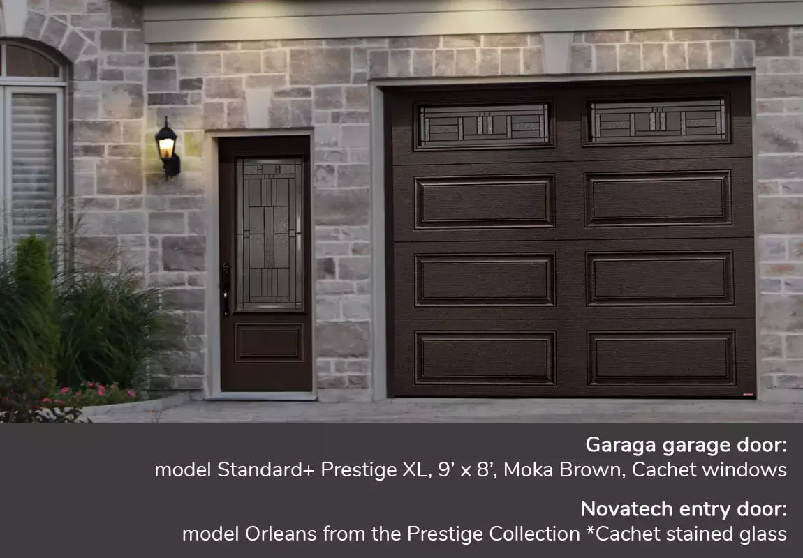 Garaga garage door: model Standard+ Prestige XL, 9’ x 8’, Moka Brown, Cachet windows | Novatech entry door: model Orleans from the Prestige Collection *Cachet stained glass